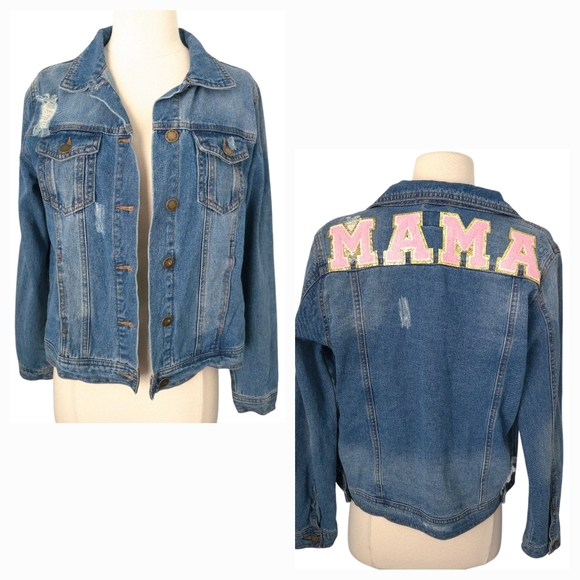 Judith March Mama Blue & Pink Distressed Denim Jean Jacket - Picture 1 of 9
